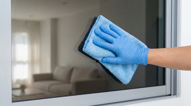 Bathroom window condensation cleaning, Soft cloth wiping glass corner, Fresh hygiene home service, Professional moisture removal detail