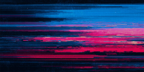 A vibrant, abstract composition featuring horizontal bands of glitchy, digital noise in striking shades of electric blue, neon pink, and deep black, creating a dynamic and modern visual effect. © jaduuu