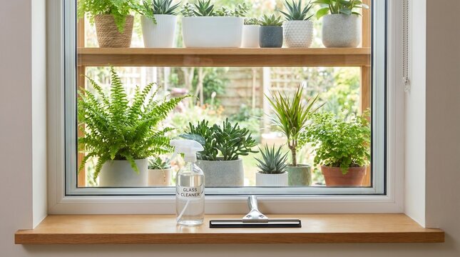Large picture window after cleaning, Squeegee and cloth on stool, Spotless glass with greenery view, Home service result background