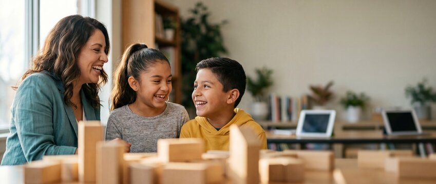 Teacher and children playing blocks in classroom, smiling Hispanic elementary students learning with wooden toys in school, happy educational family activity tutoring lesson. STEM play.