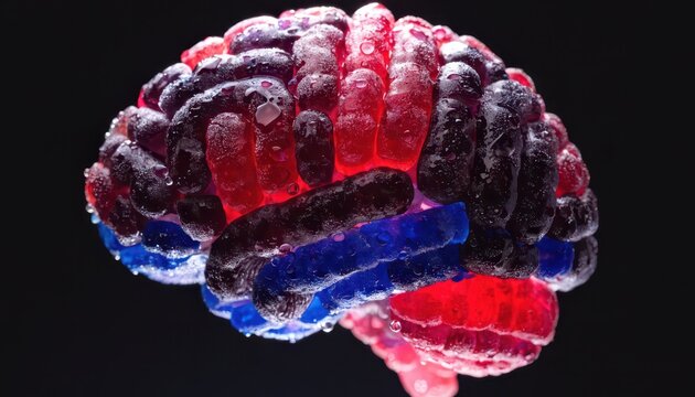 Translucent Gummy Bear Brain Sculpture with Water Droplets