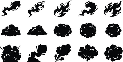 Collection of black smoke trail fire flame cloud and geometric explosion silhouettes isolated on white background © MDMizanur