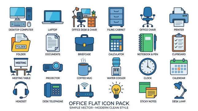Flat icons of office supplies.