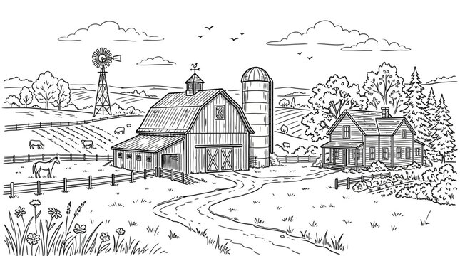 Farmhouse with Barn and Silo Structure.