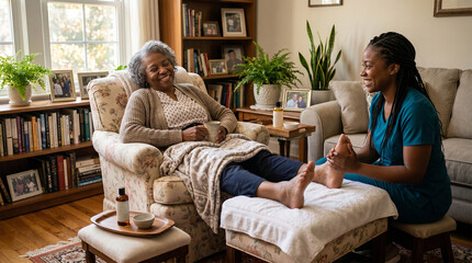 Obraz premium Caregiver giving foot massage to happy senior woman in living room