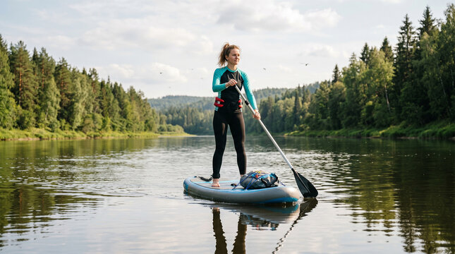 Woman paddleboarding on a calm river surrounded by lush green forest on a sunny day