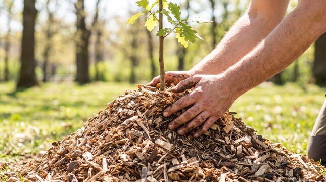 Hands packing brown wood chips mulch around the base of a freshly planted young oak tree sapling
