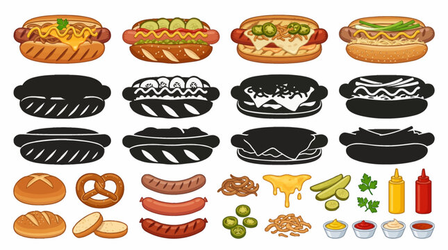 Professional vector collection of gourmet hot dogs with premium sausages, caramelized onions, melted cheese, pickles, specialty sauces