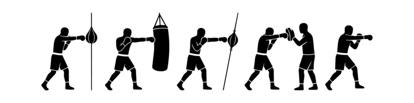 Vector silhouettes of boxers in training, featuring heavy bags, double-end bags, and focus mitt drills. A set of black athletic figures on a white background for sports and fitness designs.