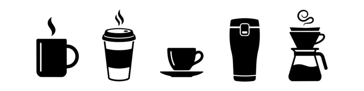 Set of five black coffee and tea cup icons, featuring a classic mug, takeaway cup, espresso cup, travel tumbler, and pour-over brewer. Minimalist vector silhouettes on a clean white background.