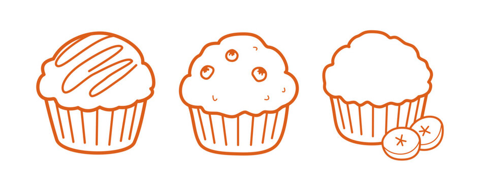 Line art vector illustration collection featuring three different designs of sweet muffins and cupcakes.