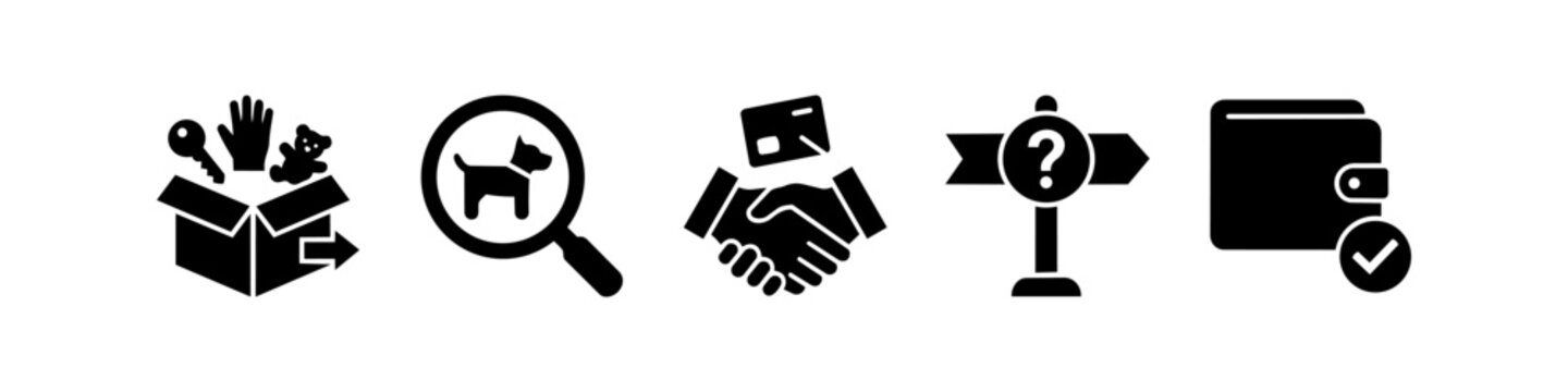 Lost and found service icons including unclaimed property box, pet search, reward payment, directional help signpost, and recovered wallet. Flat vector set for customer assistance and support.
