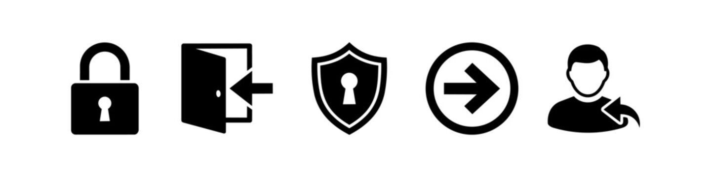 Set of vector security and access icons including padlock, login, shield, forward arrow, and user logout symbols. Minimalist black icons on a white background for web and app design.