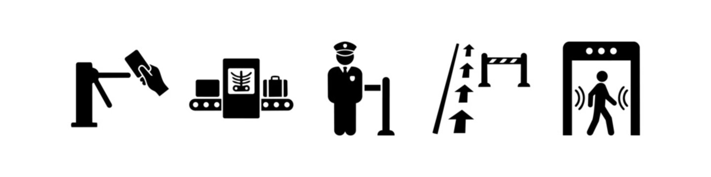 Professional security checkpoint icons including turnstile access, baggage X-ray scanner, guard officer, queue barriers, and metal detector gate for airport safety and surveillance.