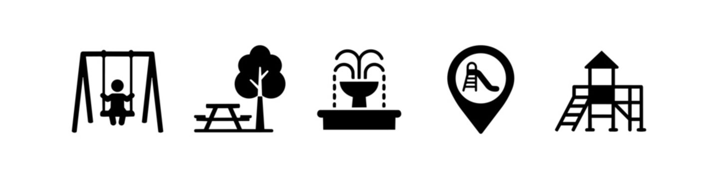 Set of flat black icons for park and playground amenities including a child on a swing, picnic table with tree, water fountain, map pin with slide, and play structure.