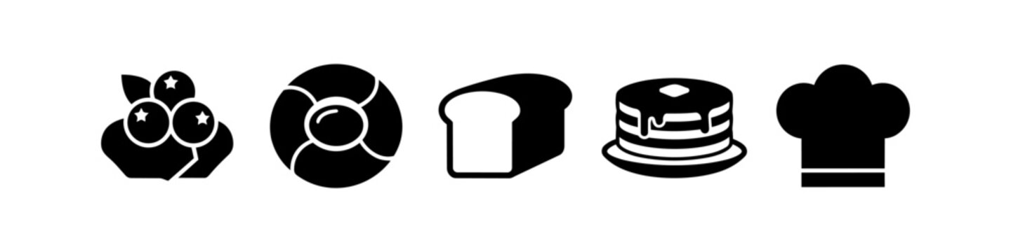 Set of minimalist black bakery and breakfast food icons featuring a loaf of bread, stack of pancakes, bagel, blueberry muffin, and a chef's hat. Ideal for restaurant menus and brand identity.