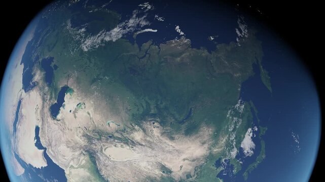 Central Russia, Mongolia and China from Space slow zoom into orbiting planet Earth.