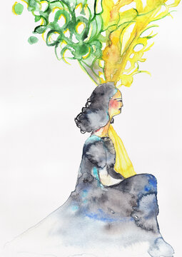 Symbolic Woman with Botanical Thought Crown, Inner Growth Portrait, Hand Painted Watercolor