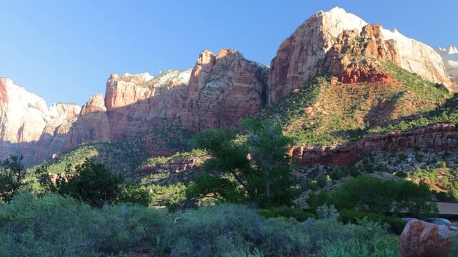 Dawn light on the rocky bluffs and windblown trees of Zion National Park in southern Utah