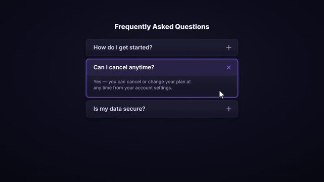 Animated frequently asked questions accordion with expanding answer panels on dark website