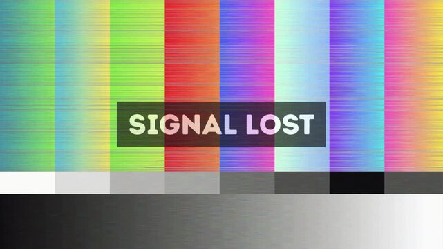 Classic Broadcast Interruption Displaying 'Signal Lost' Message Over Retro Color Test Bars Screen with Static and Noise