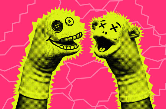 Two Funny Sock Puppets in Retro Halftone Pop Art Style on Vibrant Pink Background