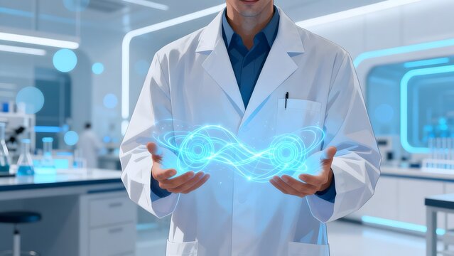 Scientist holding glowing energy pattern