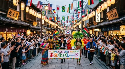Fototapeta premium Vibrant crowd celebrates cultural parade with colorful floats in a lively street festival atmosphere downtown.