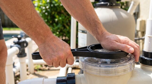Person using a wrench tool to open the clear lid of a swimming pool pump filter for maintenance