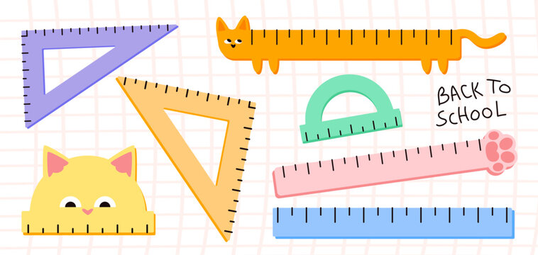 Cute set of school geometric tools with ruler, protractor, triangle rulers. Measuring tools for educational, training and drawing tasks in the classroom. Flat vector illustration.