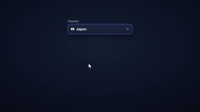 Animated dropdown select menu with country list and flag options for online form selection