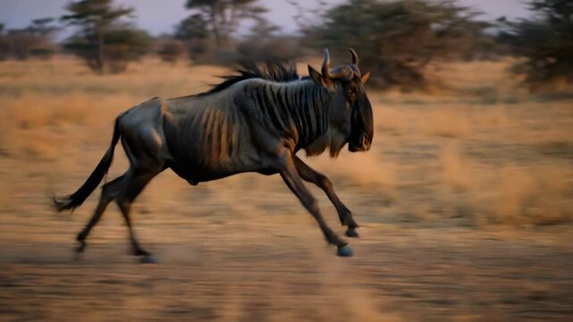 A dynamic action shot of a wildebeest side view running at full speed across a dry African savanna at dusk