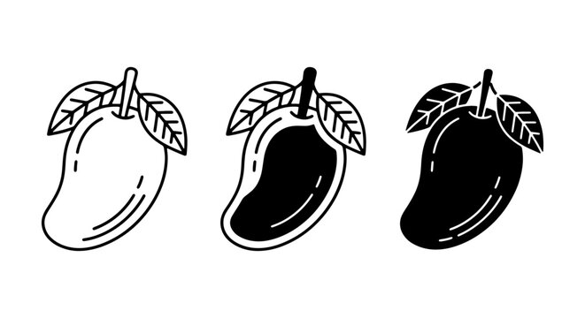 Mango Icons Set: Tropical Fruit Vector Graphics, Outline and Silhouette Styles