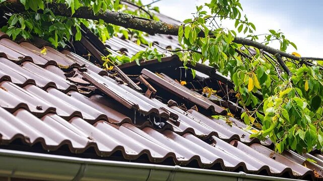 A tree branch falling onto the roof during a storm breaks shingles and tiles apart.