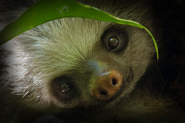Fototapeta premium Two toed sloth with baby in maternal embrace in tropical forest