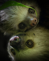 Fototapeta premium Two toed sloth with baby in maternal embrace in tropical forest