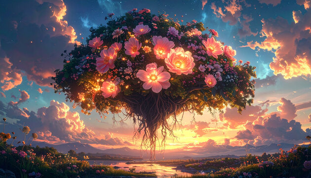 Arbre fleuri illumin&eacute; sur fond de ciel au coucher du soleil