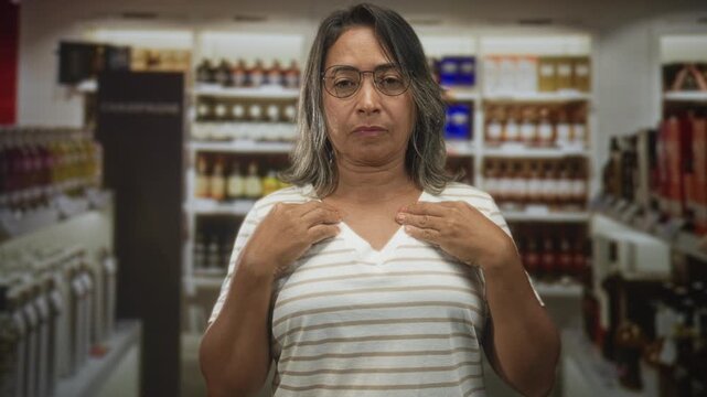 Middle aged hispanic woman with glasses touching chest and adjusting striped shirt in a building aisle lined with bottles and shelves; introspection.