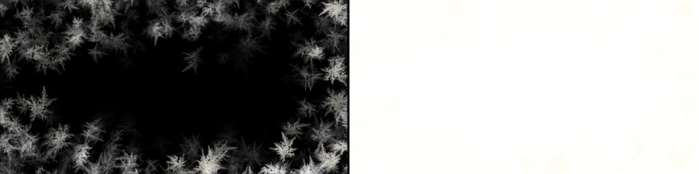 A symmetrical border of frosty white ice crystals elegantly frames a clear dark central area for creative content.