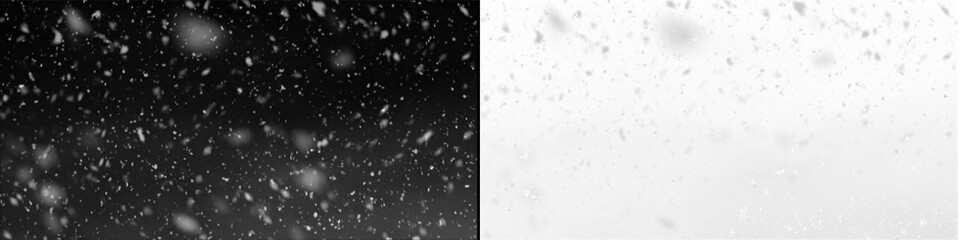 Falling snow on a black background and transparent, light blizzard effect for winter designs or christmas new year design