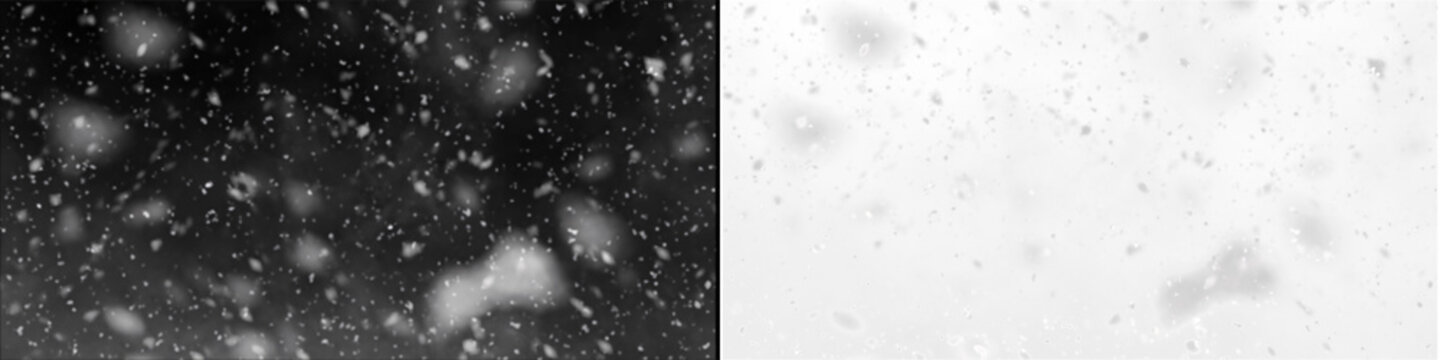 Falling snow on a black background and transparent, natural blizzard effect for winter designs.