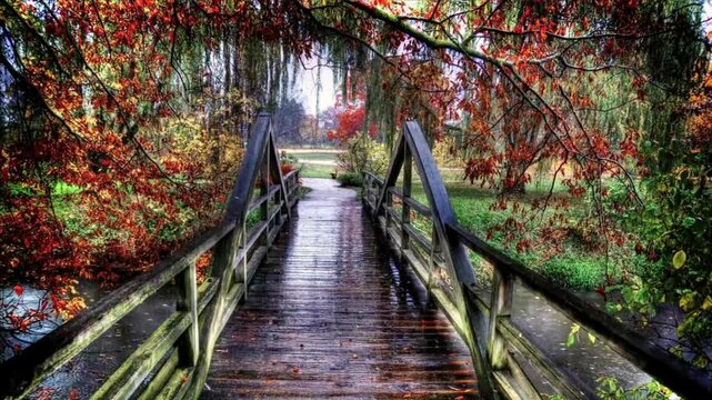 Steady rain falling on an empty rustic bridge framed by orange and red autumn leaves.
