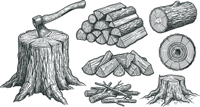 Wood Logs and Tree Stumps Elements Collection.Vintage woodcutting and lumberjack illustrations including tree stumps and logs