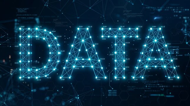 Glowing blue digital word DATA in network constellation style.