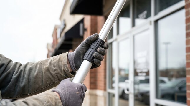 Worker holding a long aluminum extension pole outside a commercial brick building with glass doors