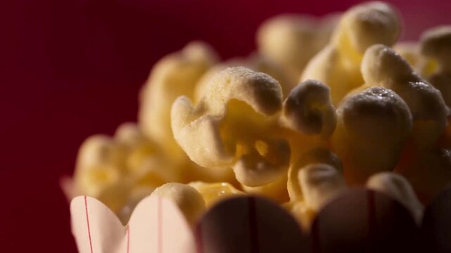 Perfectly puffed white popcorn in a red and white striped container. The texture of each kernel is clearly visible in the soft overhead lighting.
