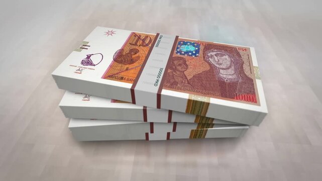 North Macedonia denars money pile pack. Concept background of economy, banking, business, crisis, recession, debt and finance. 1000 MKD banknotes stacks 3d.