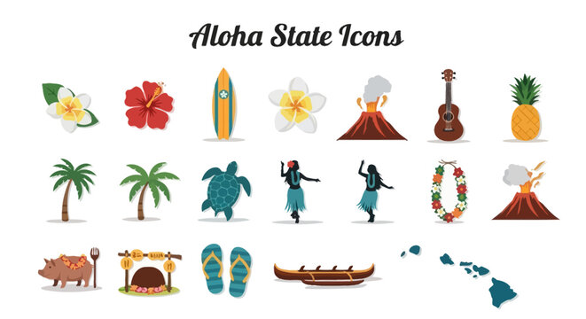 A vibrant collection of Hawaiian icons, capturing the essence of island culture, tropical destinations, and memorable travel experiences in the Aloha State