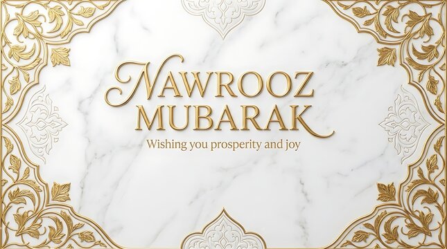 Elegant Nowruz Mubarak Greeting Card on White Marble with Gold Frame