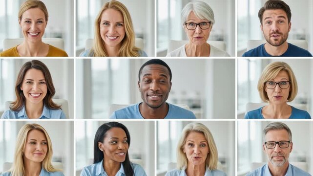 diverse business team smiling and looking at camera in online video conference grid, concept of remote work, corporate communication, human resources and technology